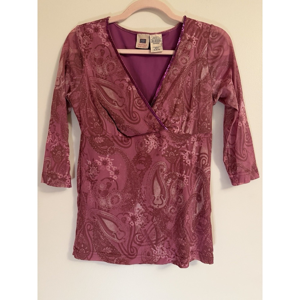VTG Y2K Faded Glory Mesh Paisley Top Sequin Trim Whimsigoth Fairy S 4/6